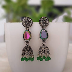 Green Oval Shape Stone Jhumka Silver Oxidised Earrings