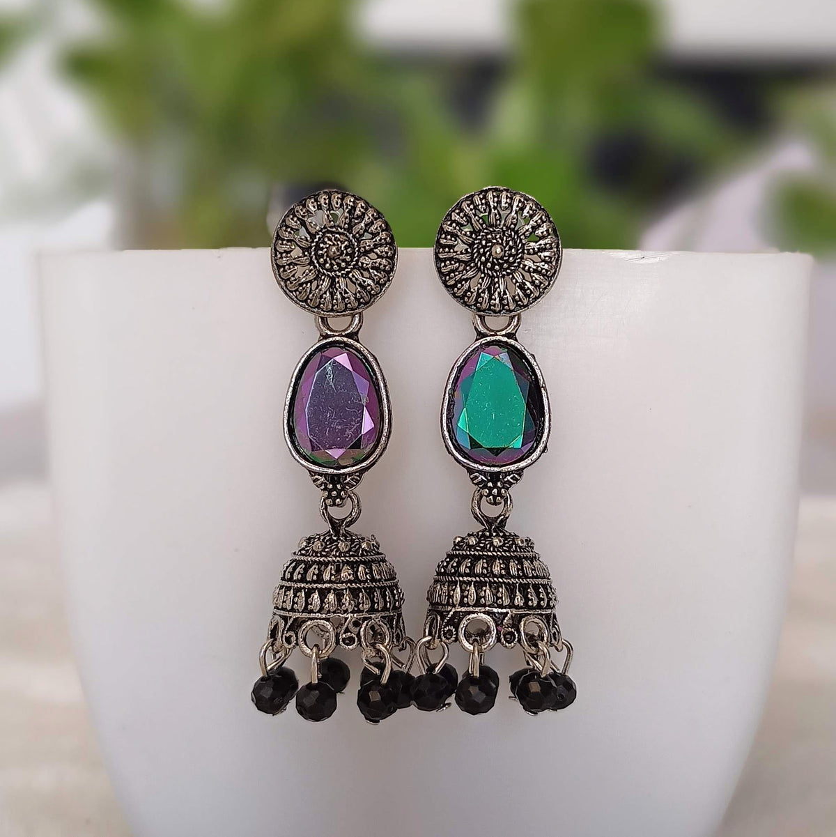 Black Oval Shape Stone Jhumka Silver Oxidised Earrings
