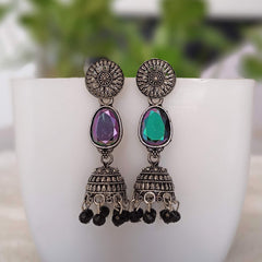 Black Oval Shape Stone Jhumka Silver Oxidised Earrings