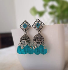 Blue Color Big Beds Jhumka Silver Oxidised Earrings
