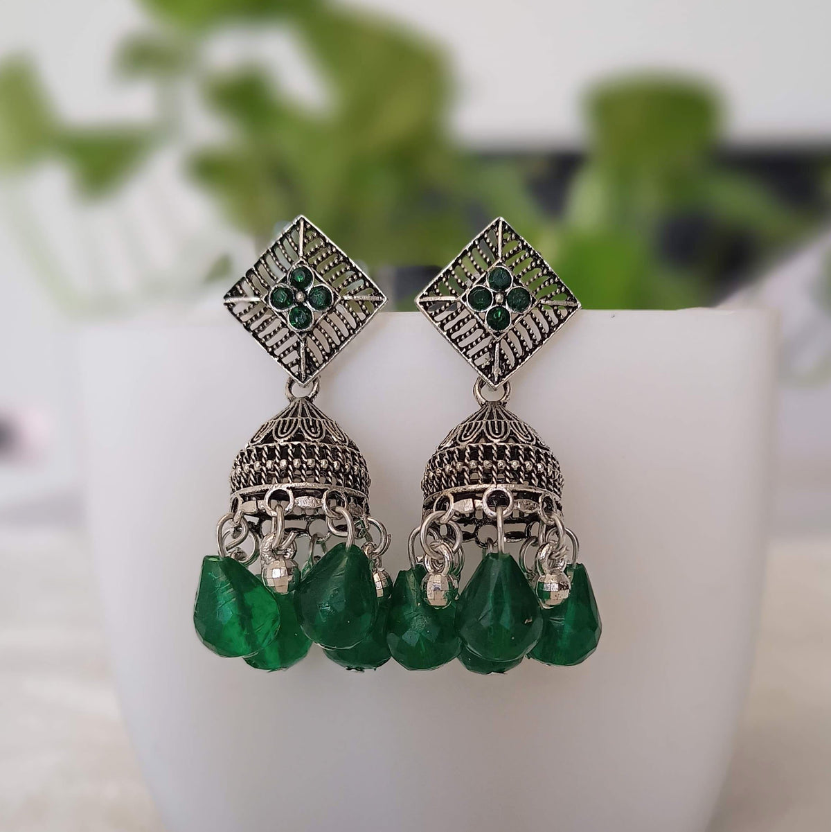 Green Color Big Beds Jhumka Silver Oxidised Earrings