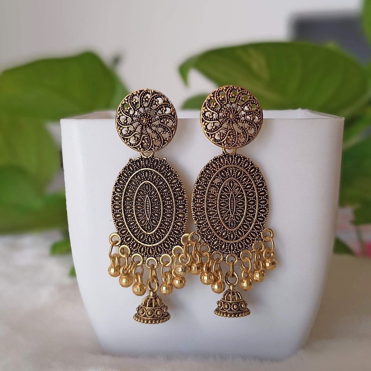 Oval Shape Drop Jhumka Golden Oxidised Earrings