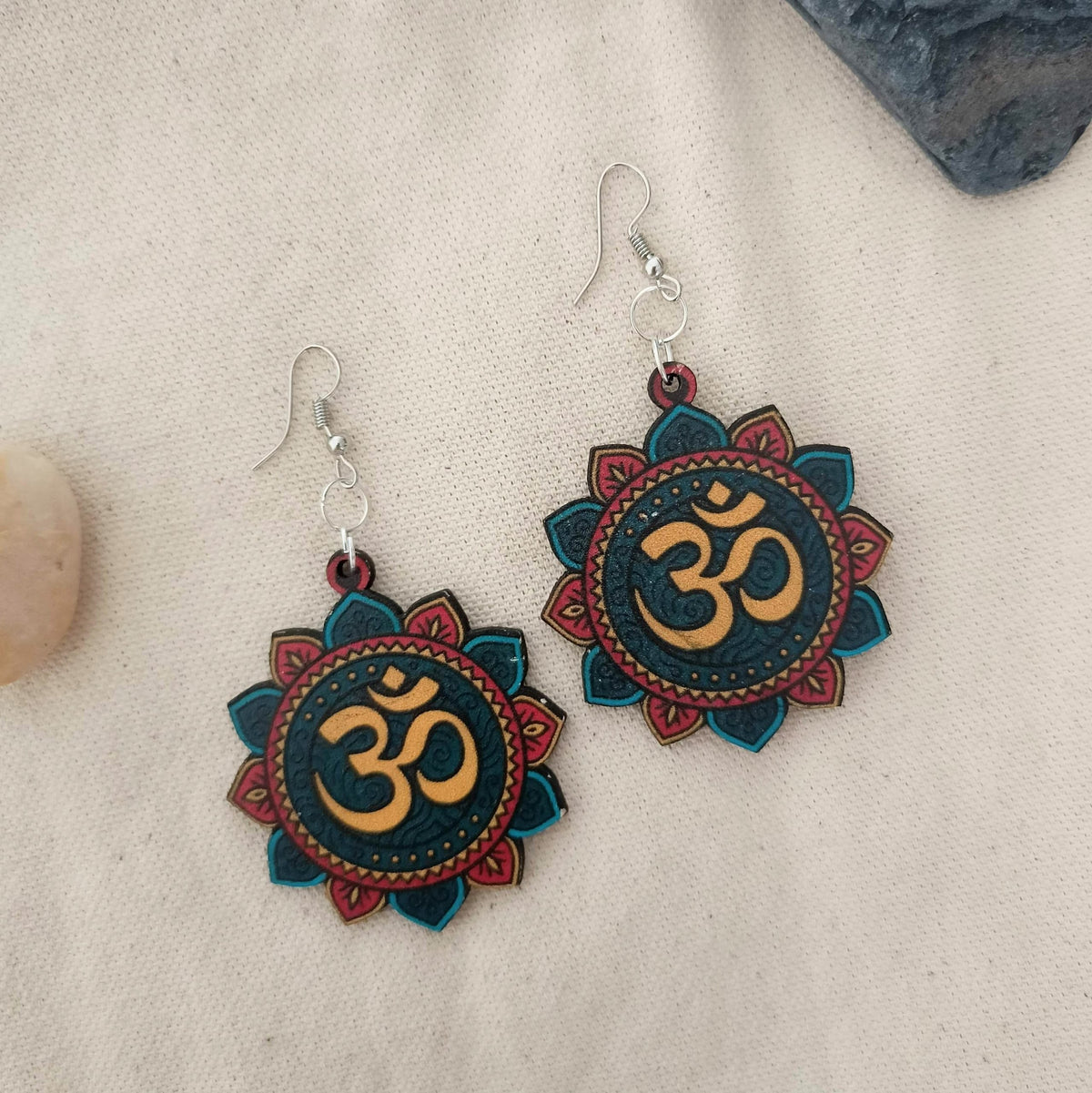 Om Print Beautiful Multicolor Wooden Earrings