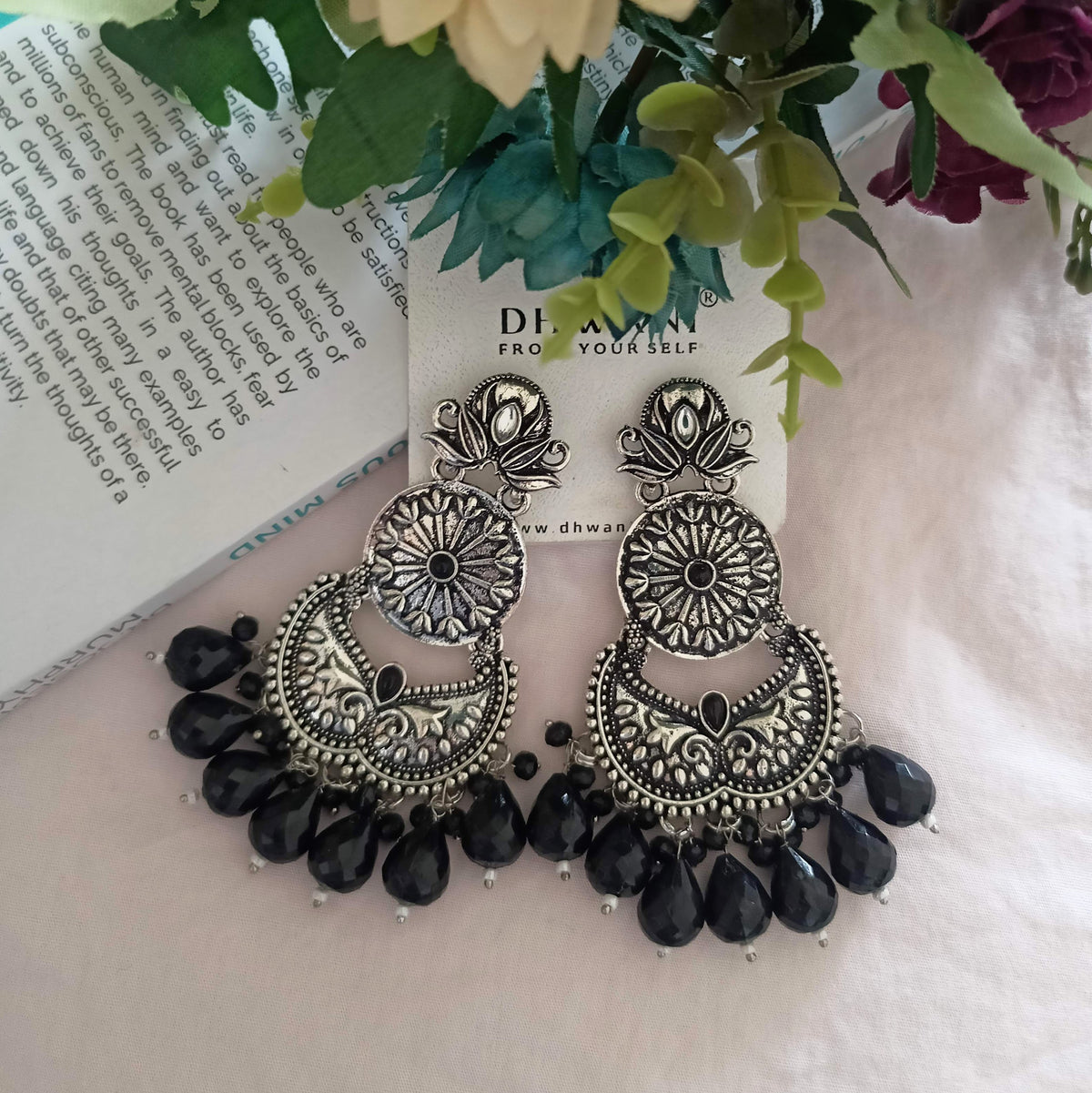 Black Color Big Beads Silver Oxidised Dangle Ethnic Earrings