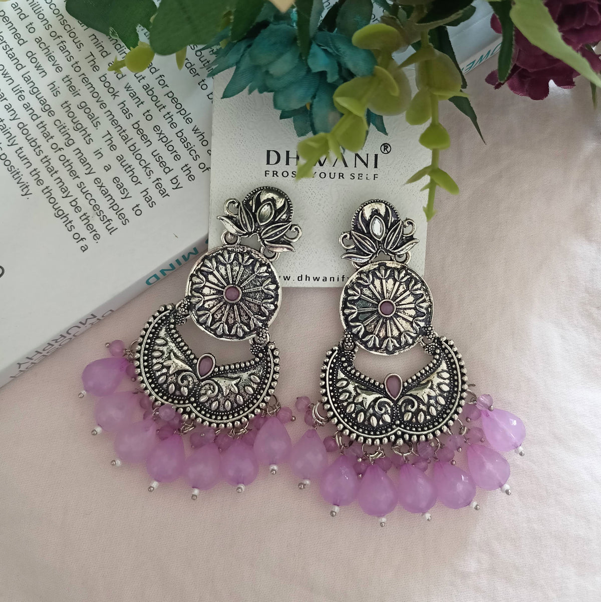 Purple Color Big Beads Silver Oxidised Dangle Ethnic Earrings