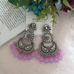 Purple Color Big Beads Silver Oxidised Dangle Ethnic Earrings