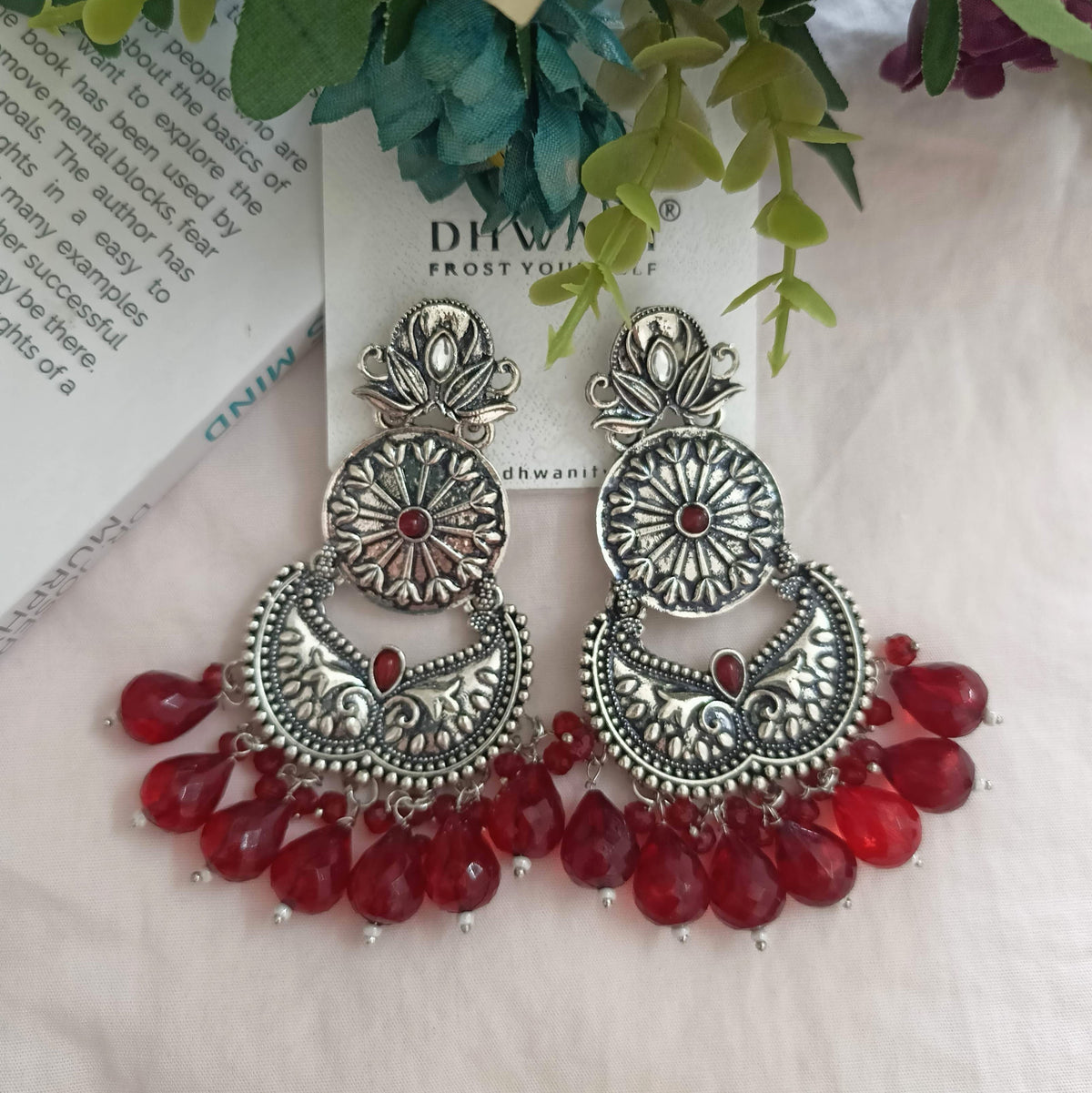 Red Color Big Beads Silver Oxidised Dangle Ethnic Earrings