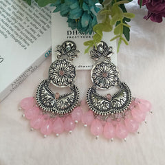 Baby Pink Color Big Beads Silver Oxidised Dangle Ethnic Earrings