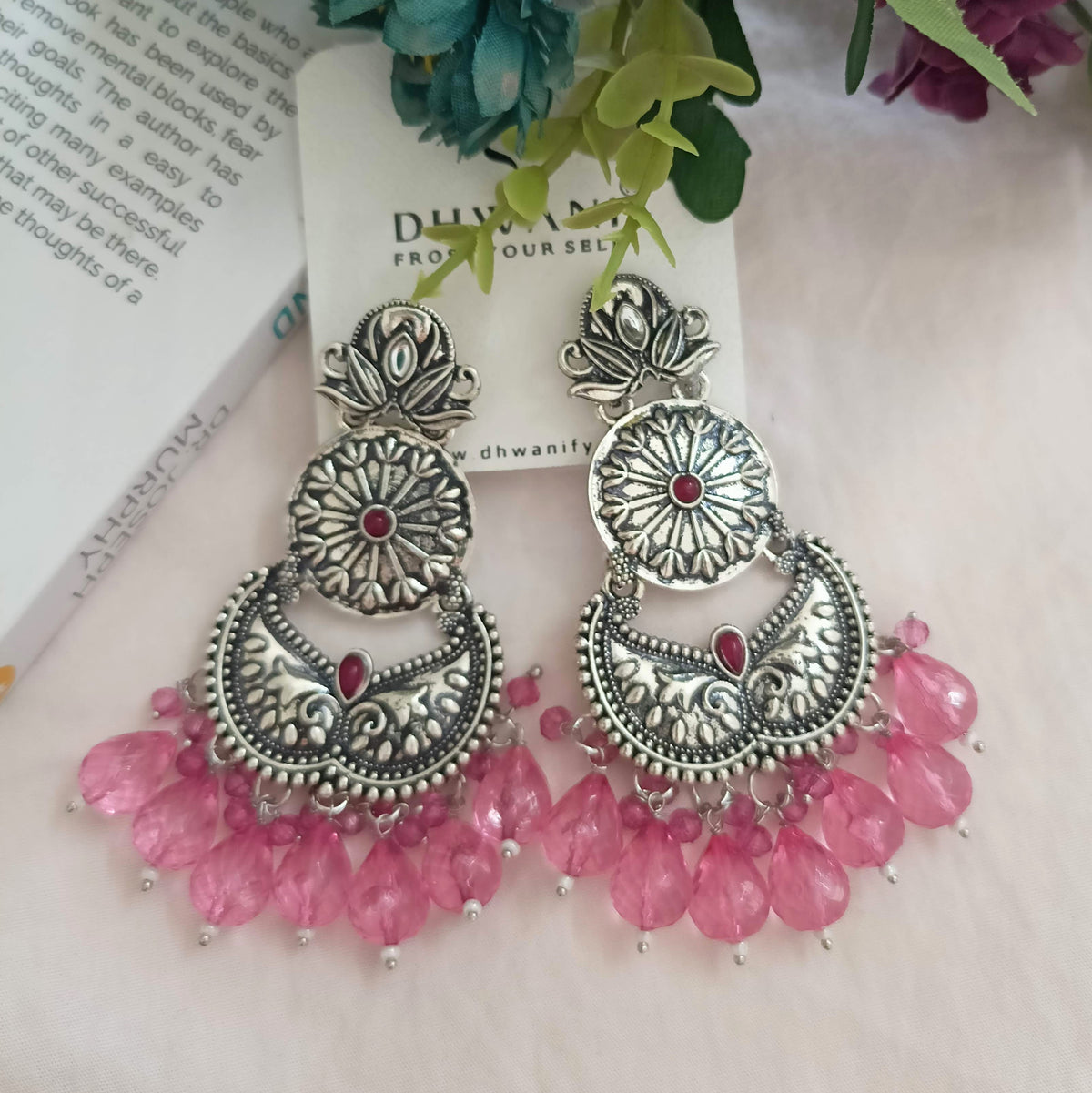 Pink Color Big Beads Silver Oxidised Dangle Ethnic Earrings