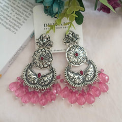 Pink Color Big Beads Silver Oxidised Dangle Ethnic Earrings