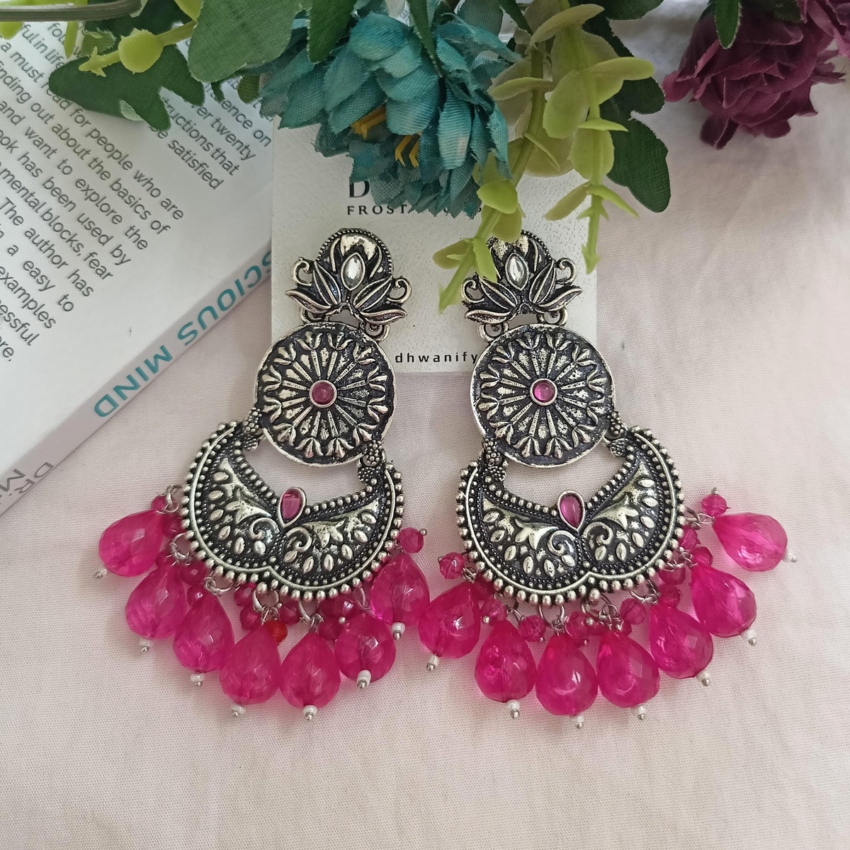 Bright Pink Color Big Beads Silver Oxidised Dangle Ethnic Earrings