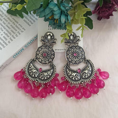 Bright Pink Color Big Beads Silver Oxidised Dangle Ethnic Earrings
