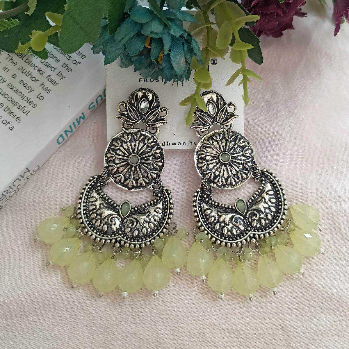 Green Color Big Beads Silver Oxidised Dangle Ethnic Earrings