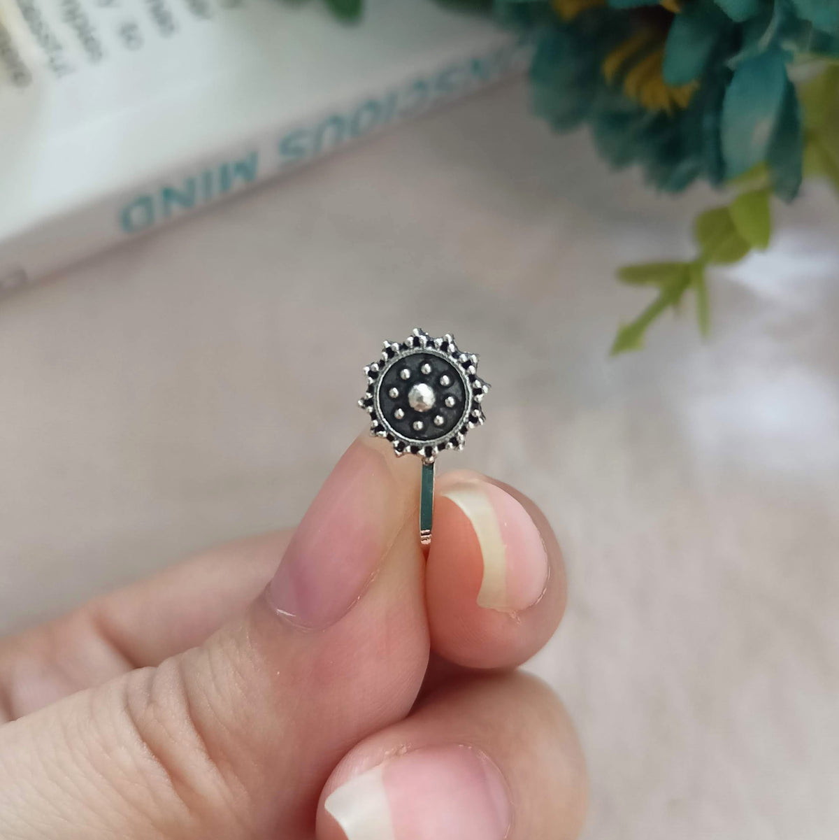 Tribal Round Cute Silver Oxidised Adjustable Nosepin
