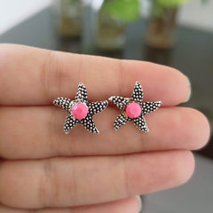 Star Fish Shape Pink Stone Silver Oxidised Studs Earrings