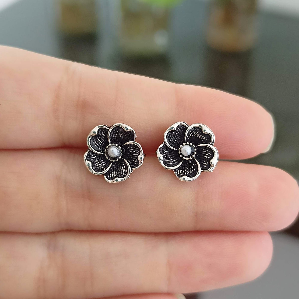 Beautiful Flower Design Silver Oxidised Studs Tiny Earrings