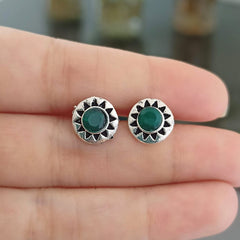 Round Shape Green Stone Silver Oxidised Studs Tiny Earrings