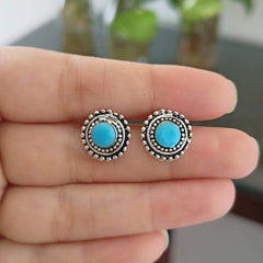 Round Shape Blue Stone Silver Oxidised Studs Tiny Earrings