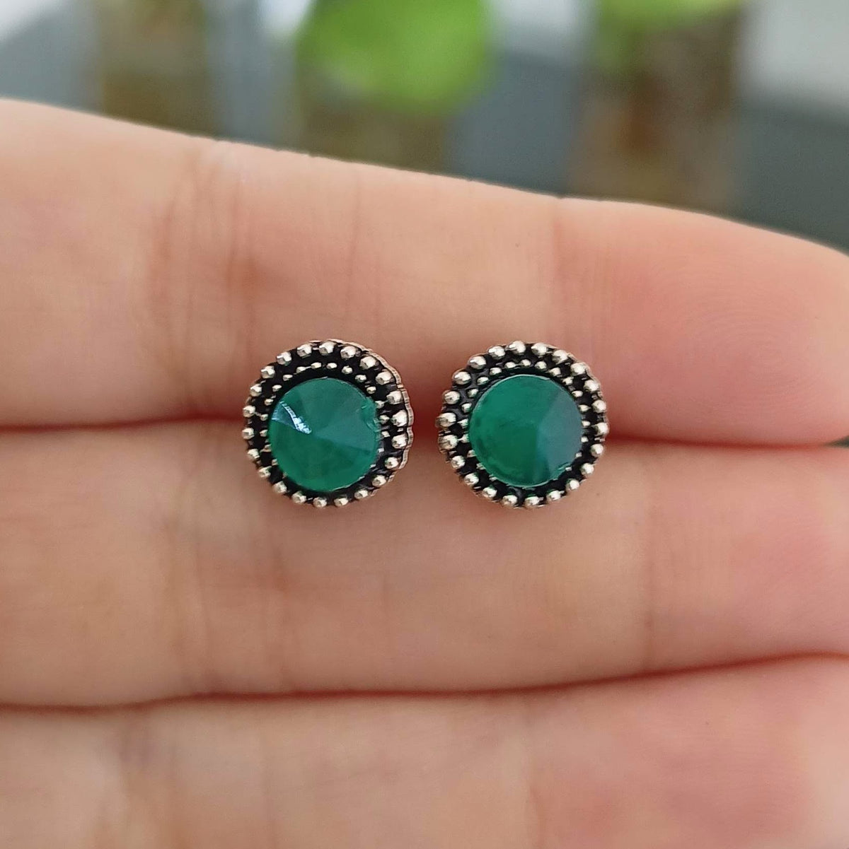 Green Stone Silver Oxidised Studs Tiny Earrings