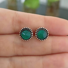 Green Stone Silver Oxidised Studs Tiny Earrings