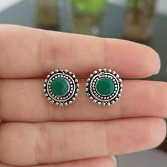 Round Green Stone Cute Silver Oxidised Studs Tiny Earrings