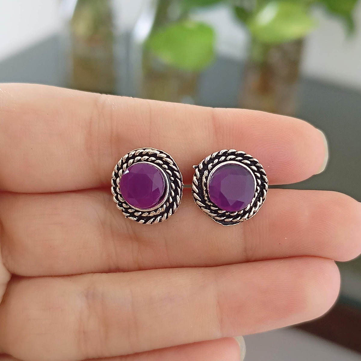 Round Purple Stone Cute Silver Oxidised Studs Tiny Earrings