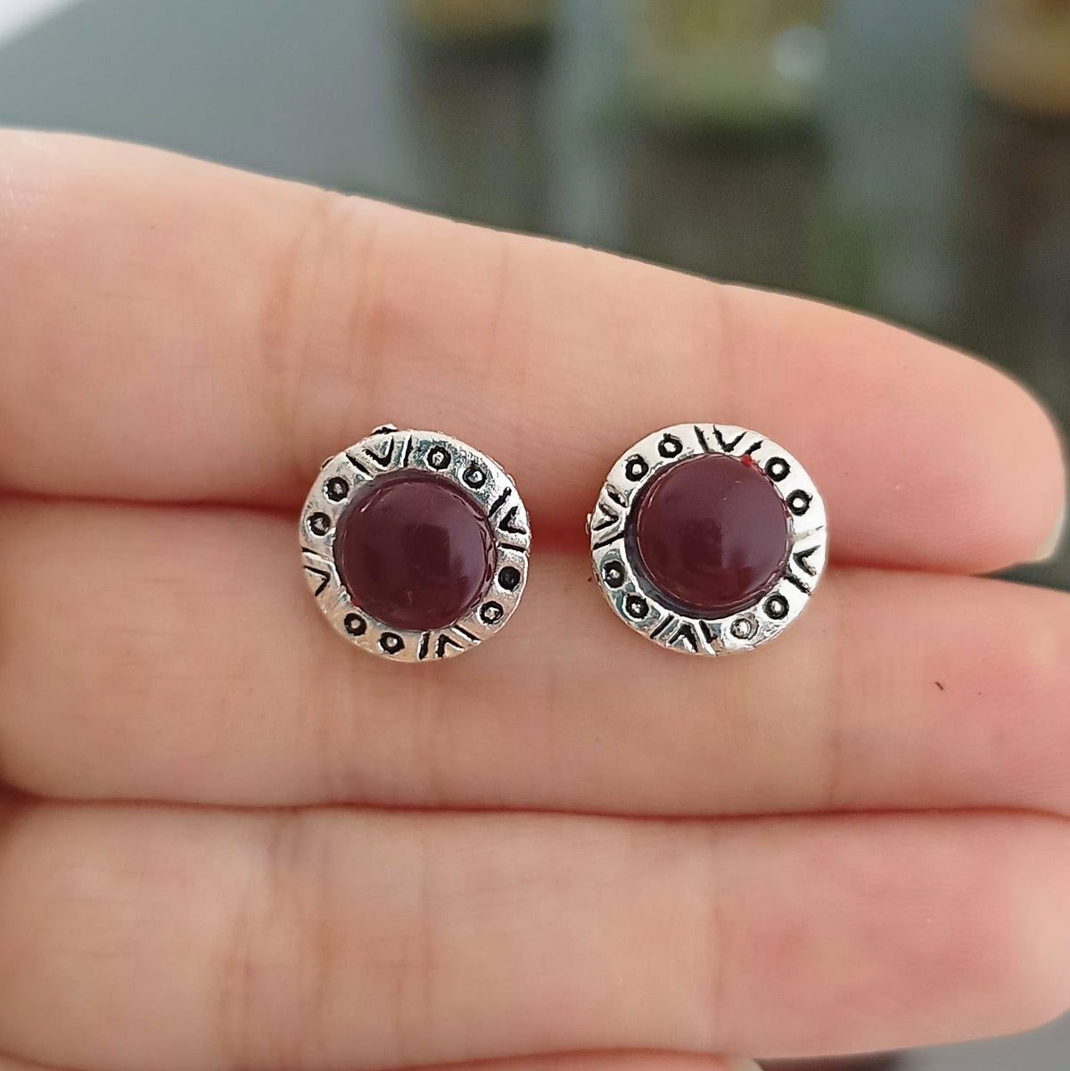 Dark Red Stone Round Cute Silver Oxidised Studs Tiny Earrings