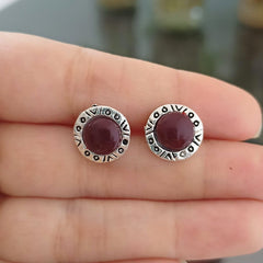 Dark Red Stone Round Cute Silver Oxidised Studs Tiny Earrings