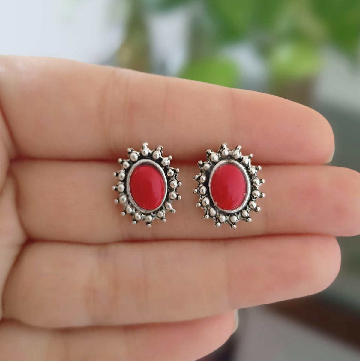 Red Stone Oval Cute Silver Oxidised Studs Tiny Earrings