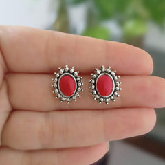 Red Stone Oval Cute Silver Oxidised Studs Tiny Earrings