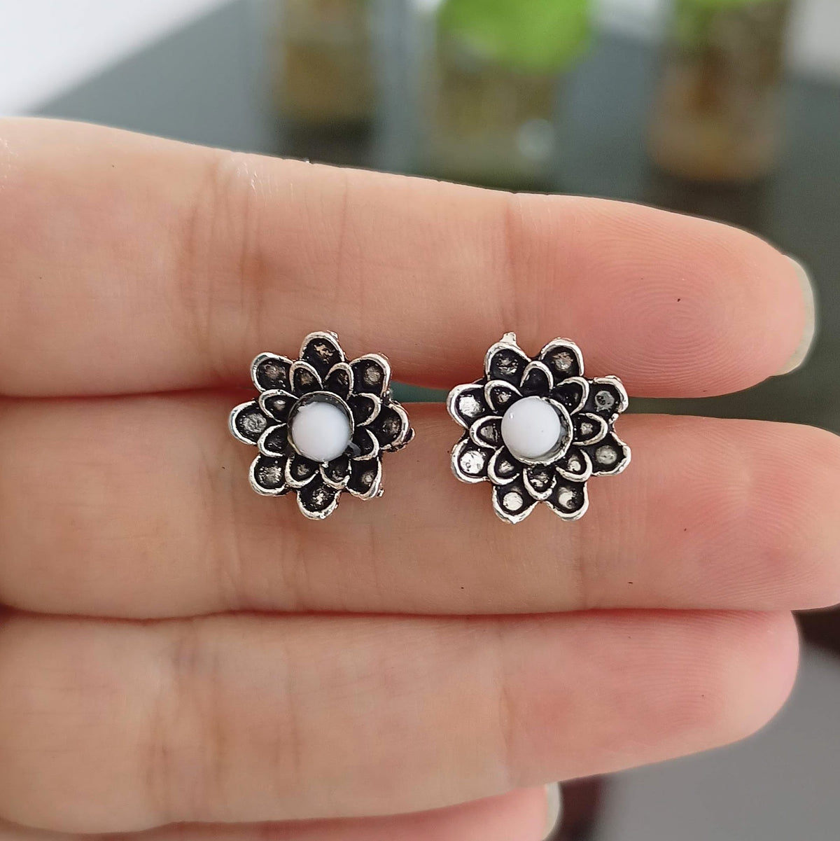Gorgeous Flower Shape Silver Oxidised Studs Tiny Earrings