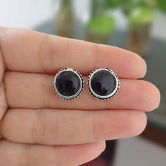 Big Black Stone Silver Oxidised Studs Tiny Earrings