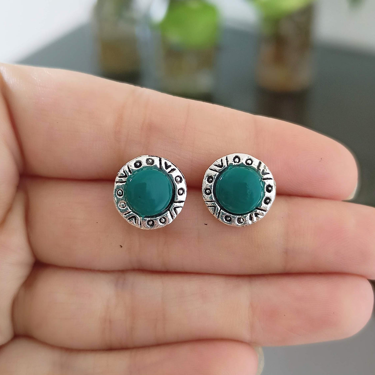 Green Color Stone Round Silver Oxidised Studs Tiny Earrings
