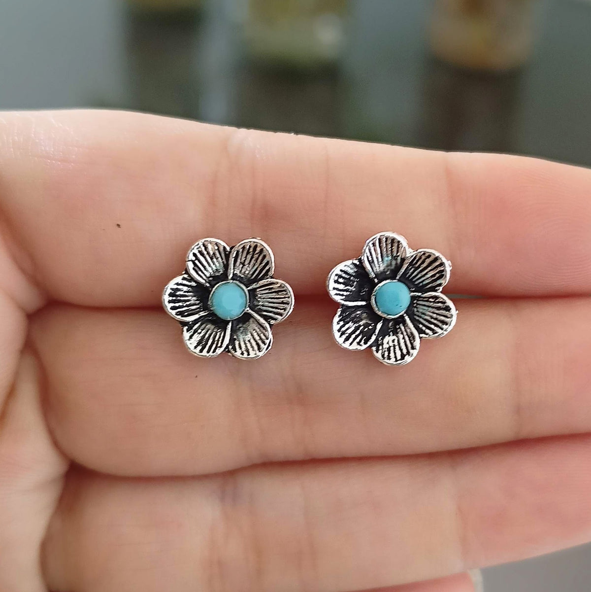 Blue Stone Flower Design Silver Oxidised Studs Tiny Earrings