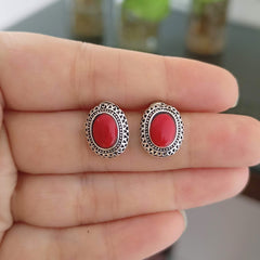 Oval Shape Red Stone Silver Oxidised Studs Tiny Earrings