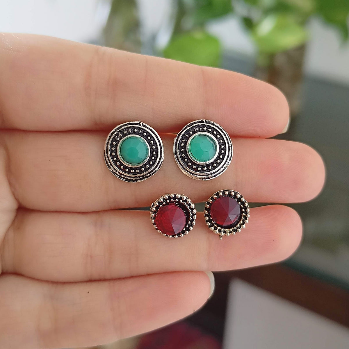 Blue & Red Stone Silver Oxidised Studs Tiny Earrings (Pack Of 2)