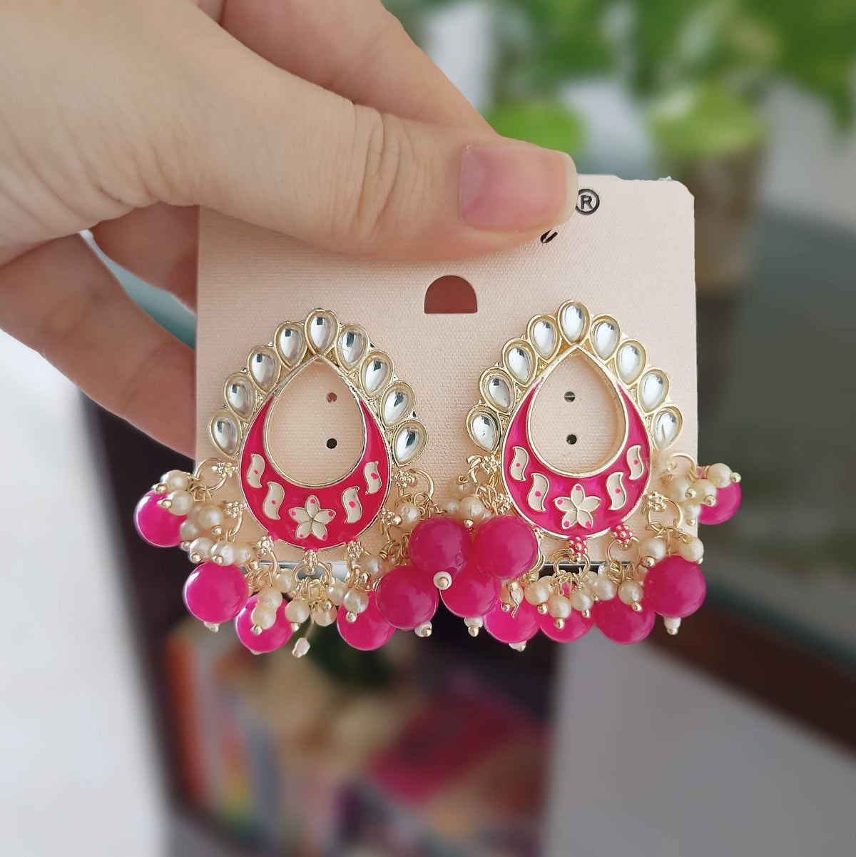Pink Color Tikka Shape Kundan Drop Beads Ethnic Golden Earrings