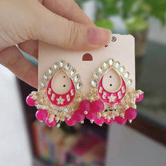 Pink Color Tikka Shape Kundan Drop Beads Ethnic Golden Earrings