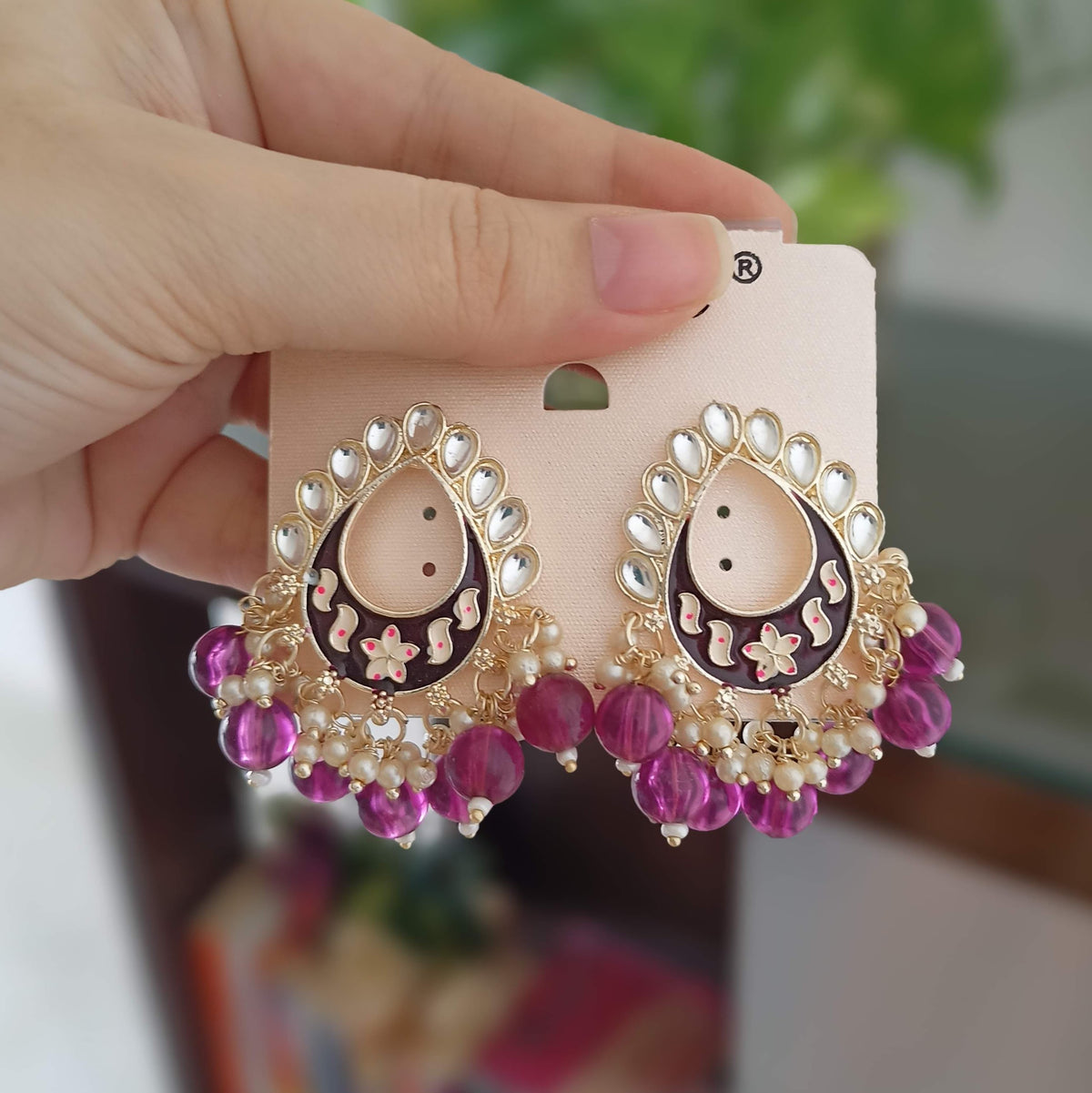 Purple Color Tikka Shape Kundan Drop Beads Ethnic Golden Earrings