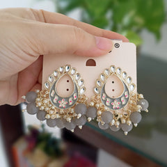Grey Color Tikka Shape Kundan Drop Beads Ethnic Golden Earrings