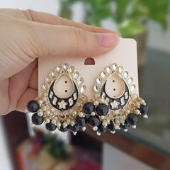 Black Color Tikka Shape Kundan Drop Beads Ethnic Golden Earrings