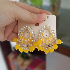 Yellow Color Meenakari Tikka Shape Kundan Drop Beads Ethnic Golden Earrings