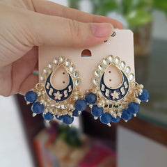 Blue Color Meenakari Tikka Shape Kundan Drop Beads Ethnic Golden Earrings