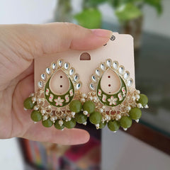 Olive Green Color Meenakari Tikka Shape Kundan Drop Beads Ethnic Golden Earrings