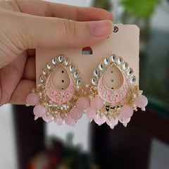 Baby Pink Color Meenakari Tikka Shape Kundan Drop Beads Ethnic Golden Earrings
