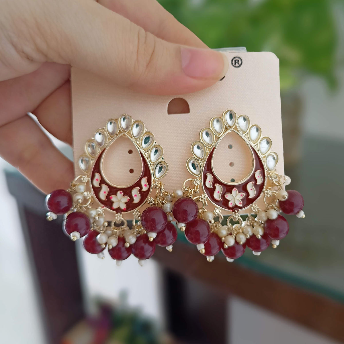 Dark Red Color Meenakari Tikka Shape Kundan Drop Beads Ethnic Golden Earrings