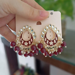 Dark Red Color Meenakari Tikka Shape Kundan Drop Beads Ethnic Golden Earrings