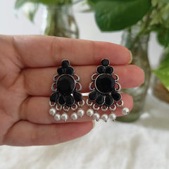 Beautiful Black Stone Studded Silver Oxidised Earrings