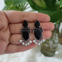 Gorgeous Black Stone Studded Silver Oxidised Earrings