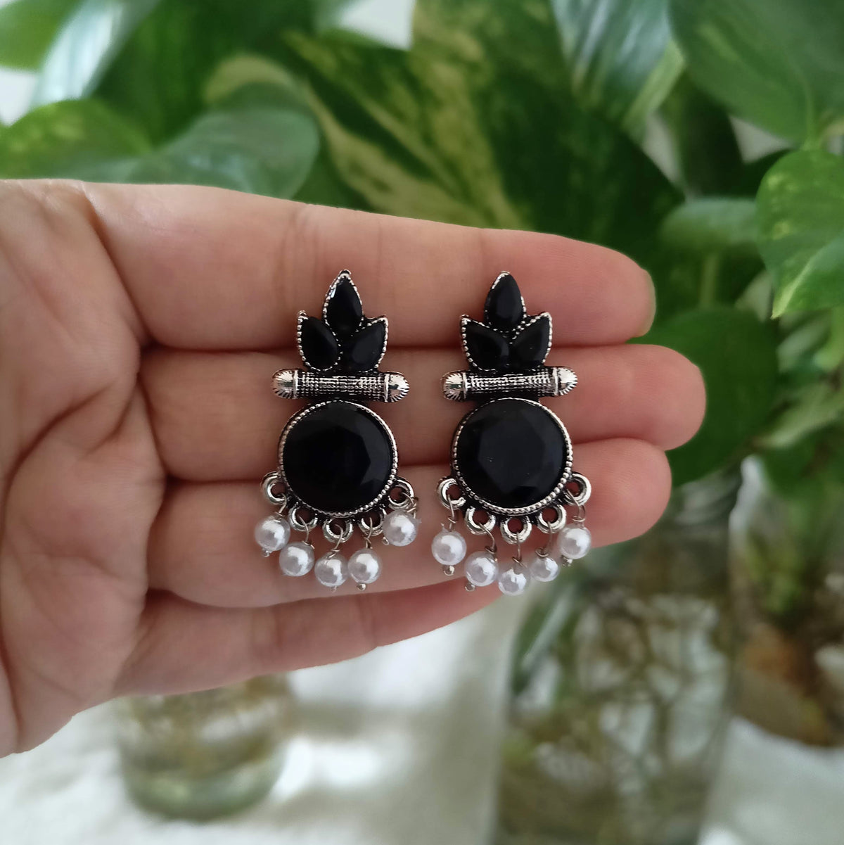 Leaf Design Gorgeous Black Stone Studded Silver Oxidised Earrings